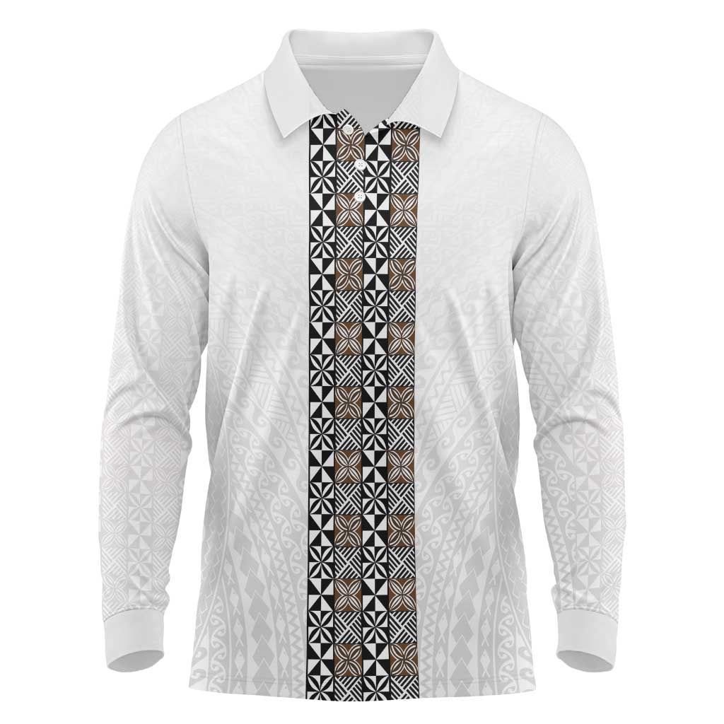 Light Gray Tongan Polynesian Tribal Long Sleeve Polo Shirt LT9 White - Polynesian Pride