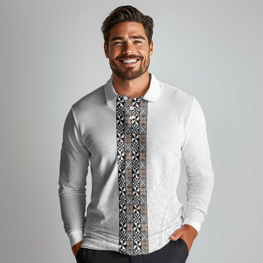 Light Gray Tongan Polynesian Tribal Long Sleeve Polo Shirt LT9 - Polynesian Pride