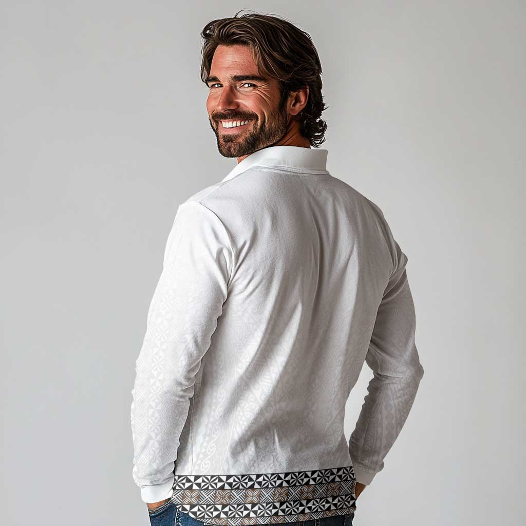 Light Gray Tongan Polynesian Tribal Long Sleeve Polo Shirt LT9 - Polynesian Pride