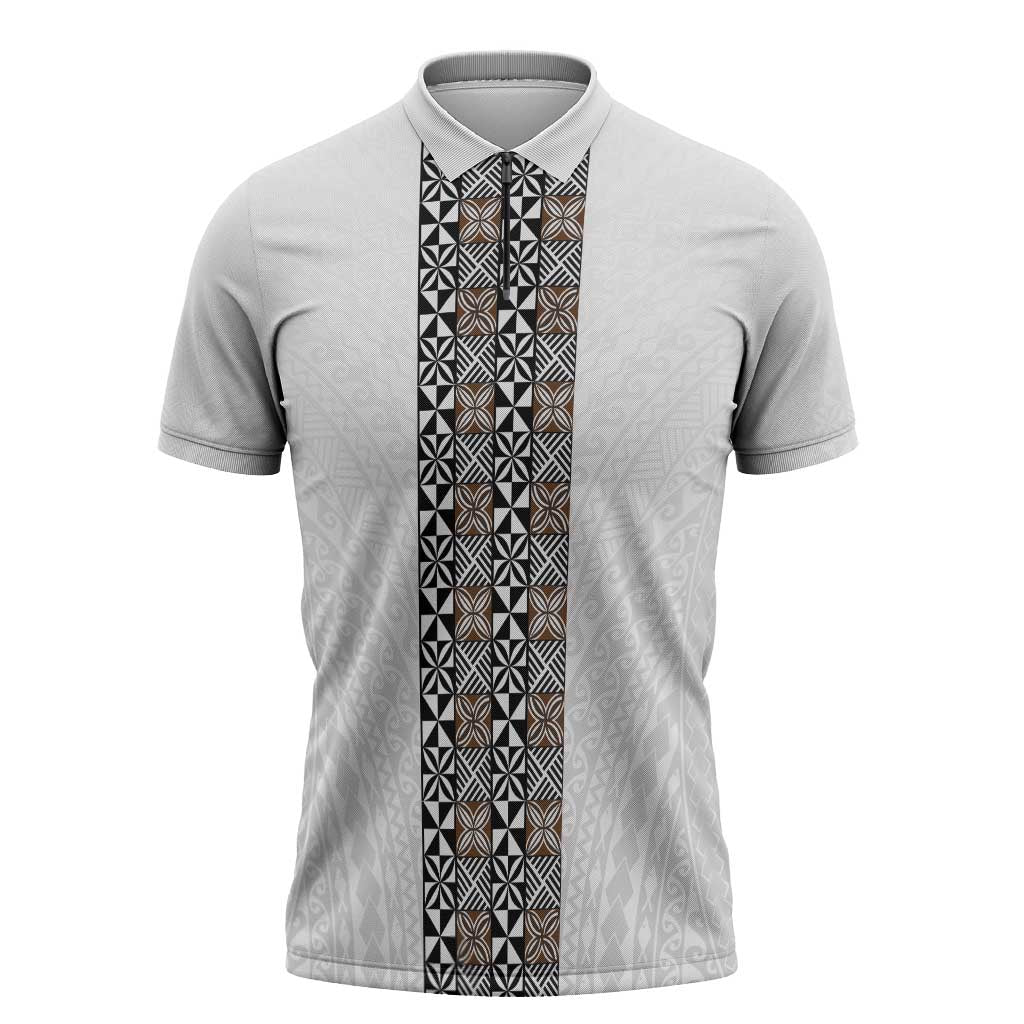 Light Gray Tongan Polynesian Tribal Zipper Polo Shirt LT9 White - Polynesian Pride