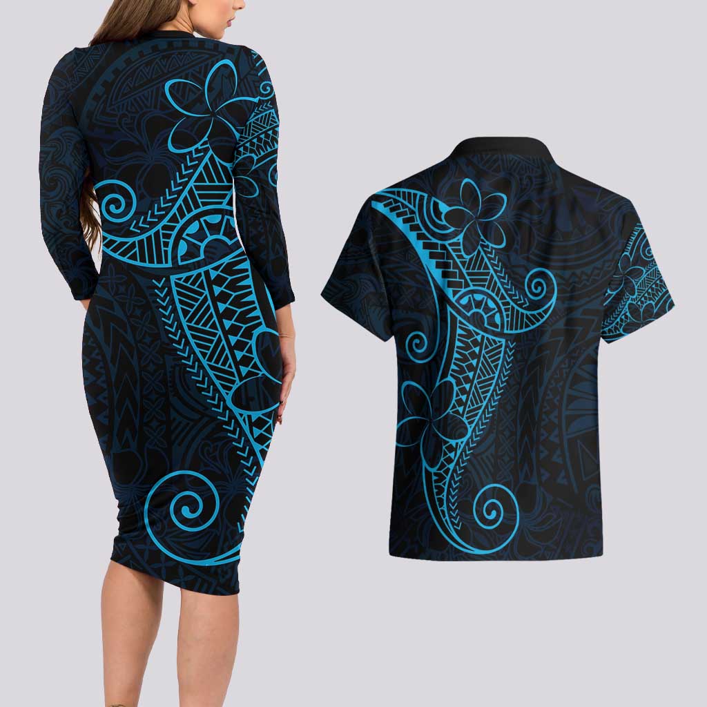 Black Blue Polynesian Tribal Couples Matching Long Sleeve Bodycon Dress and Hawaiian Shirt LT9 - Polynesian Pride