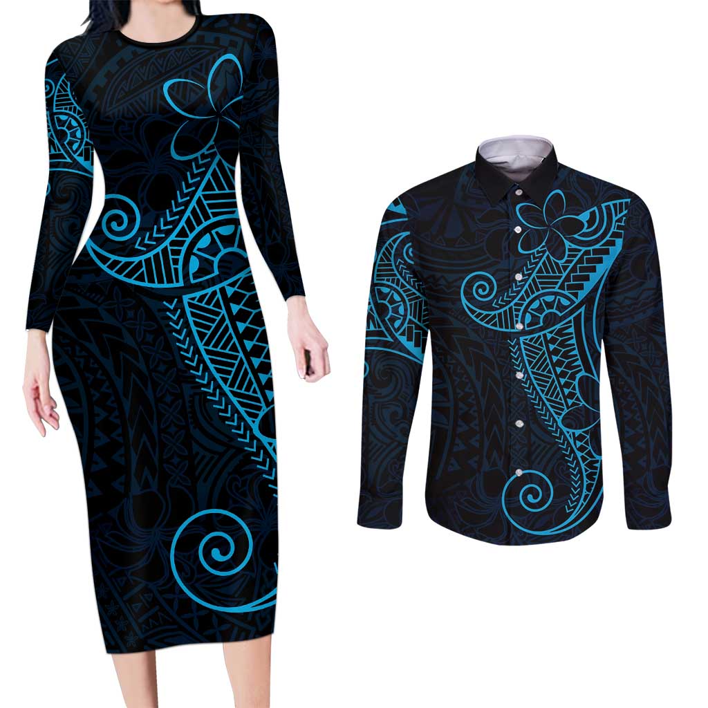 Black Blue Polynesian Tribal Couples Matching Long Sleeve Bodycon Dress and Long Sleeve Button Shirt LT9 Blue - Polynesian Pride