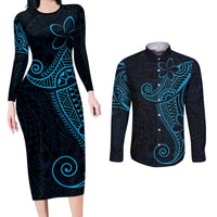 Black Blue Polynesian Tribal Couples Matching Long Sleeve Bodycon Dress and Long Sleeve Button Shirt LT9 Blue - Polynesian Pride