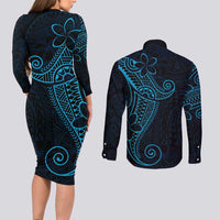 Black Blue Polynesian Tribal Couples Matching Long Sleeve Bodycon Dress and Long Sleeve Button Shirt LT9 - Polynesian Pride