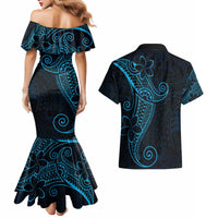 Black Blue Polynesian Tribal Couples Matching Mermaid Dress and Hawaiian Shirt LT9 - Polynesian Pride