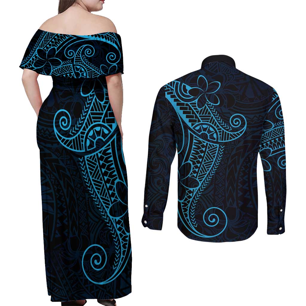 Black Blue Polynesian Tribal Couples Matching Off Shoulder Maxi Dress and Long Sleeve Button Shirt LT9 - Polynesian Pride