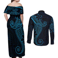 Black Blue Polynesian Tribal Couples Matching Off Shoulder Maxi Dress and Long Sleeve Button Shirt LT9 - Polynesian Pride