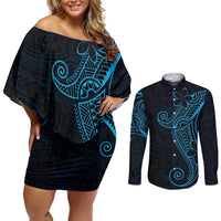 Black Blue Polynesian Tribal Couples Matching Off Shoulder Short Dress and Long Sleeve Button Shirt LT9 Blue - Polynesian Pride