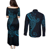 Black Blue Polynesian Tribal Couples Matching Puletasi and Long Sleeve Button Shirt LT9 - Polynesian Pride