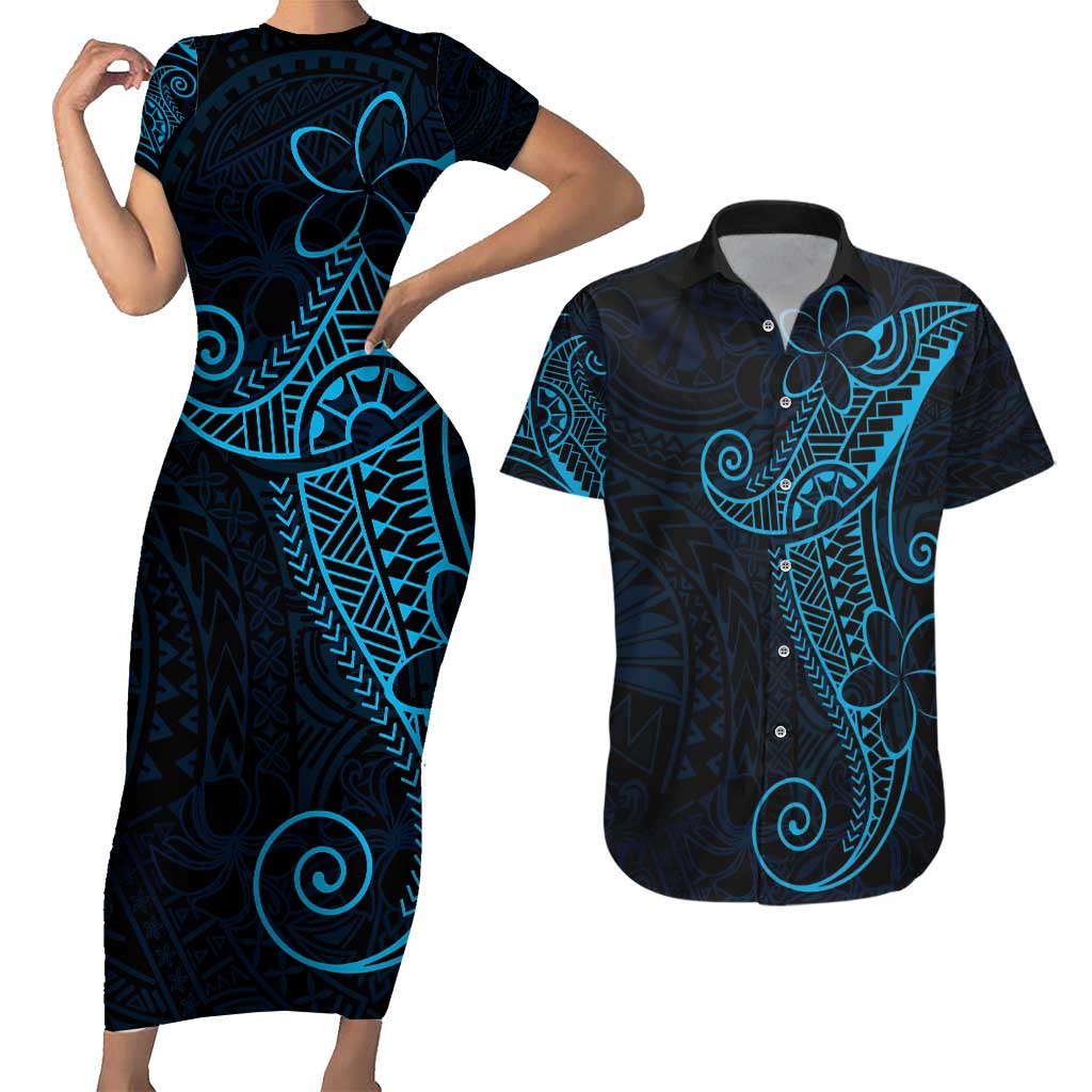 Black Blue Polynesian Tribal Couples Matching Short Sleeve Bodycon Dress and Hawaiian Shirt LT9 Blue - Polynesian Pride