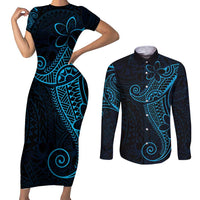 Black Blue Polynesian Tribal Couples Matching Short Sleeve Bodycon Dress and Long Sleeve Button Shirt LT9 Blue - Polynesian Pride