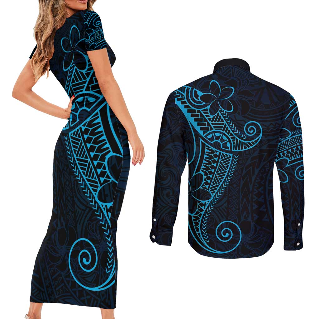 Black Blue Polynesian Tribal Couples Matching Short Sleeve Bodycon Dress and Long Sleeve Button Shirt LT9 - Polynesian Pride