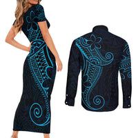 Black Blue Polynesian Tribal Couples Matching Short Sleeve Bodycon Dress and Long Sleeve Button Shirt LT9 - Polynesian Pride