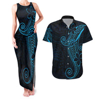 Black Blue Polynesian Tribal Couples Matching Tank Maxi Dress and Hawaiian Shirt LT9 Blue - Polynesian Pride