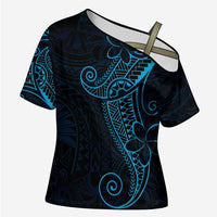 Black Blue Polynesian Tribal Cross Shoulder Shirt LT9 Female Blue - Polynesian Pride