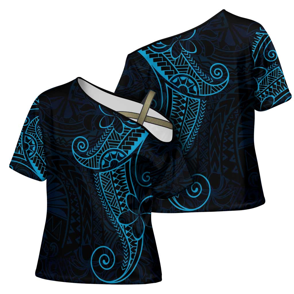 Black Blue Polynesian Tribal Cross Shoulder Shirt LT9 - Polynesian Pride