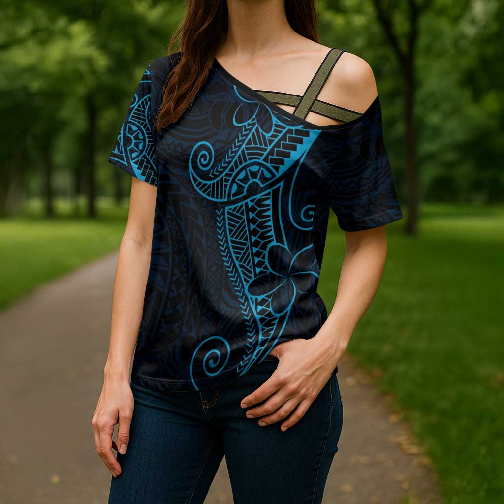 Black Blue Polynesian Tribal Cross Shoulder Shirt LT9 - Polynesian Pride