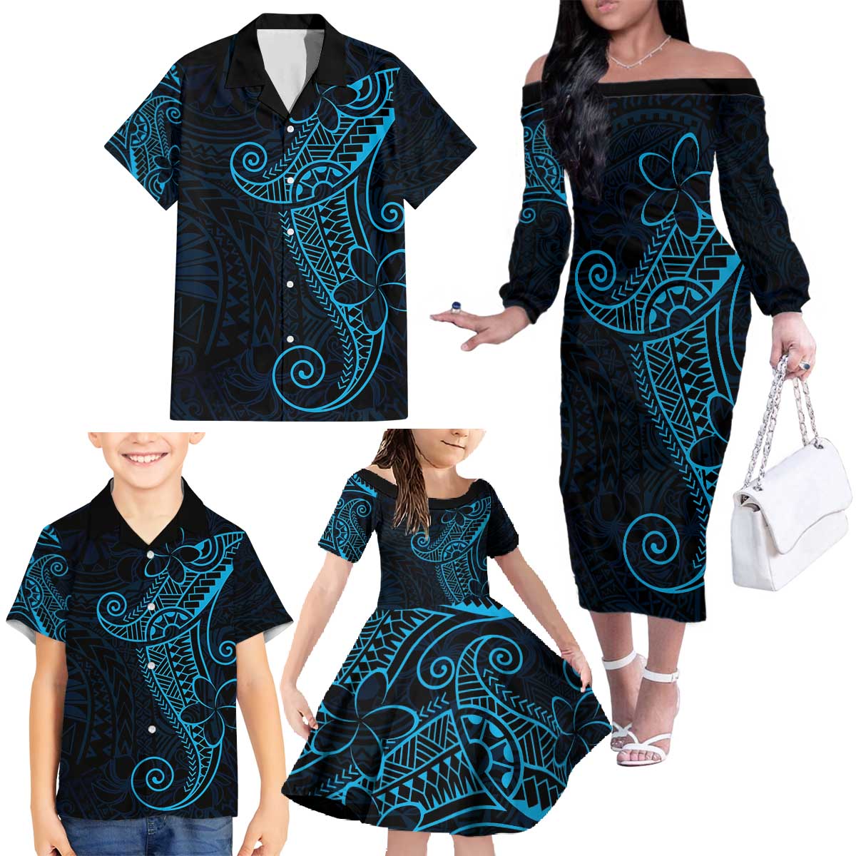 Black Blue Polynesian Tribal Family Matching Off The Shoulder Long Sleeve Dress and Hawaiian Shirt LT9 - Polynesian Pride
