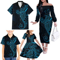Black Blue Polynesian Tribal Family Matching Off The Shoulder Long Sleeve Dress and Hawaiian Shirt - Polynesian Pride