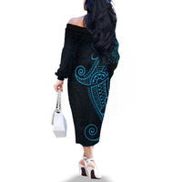 Black Blue Polynesian Tribal Family Matching Off The Shoulder Long Sleeve Dress and Hawaiian Shirt - Polynesian Pride