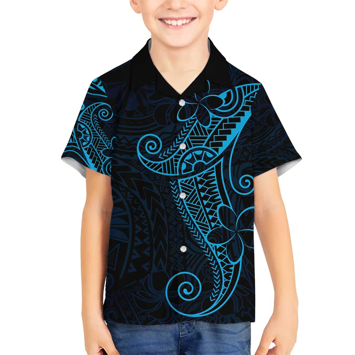 Black Blue Polynesian Tribal Family Matching Off The Shoulder Long Sleeve Dress and Hawaiian Shirt - Polynesian Pride
