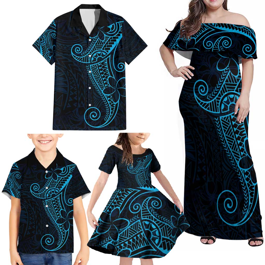 Black Blue Polynesian Tribal Family Matching Off Shoulder Maxi Dress and Hawaiian Shirt LT9 - Polynesian Pride