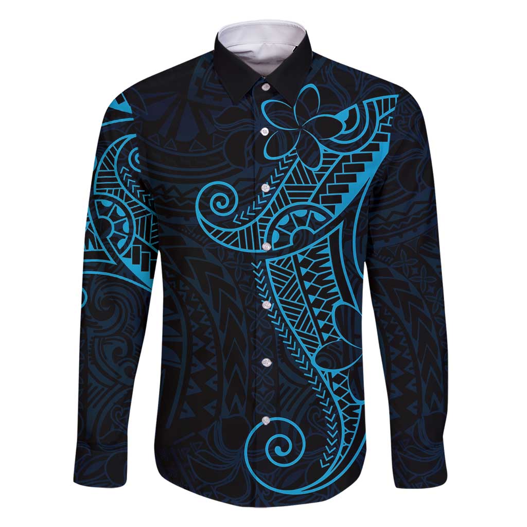 Black Blue Polynesian Tribal Family Matching Off Shoulder Maxi Dress and Hawaiian Shirt - Polynesian Pride