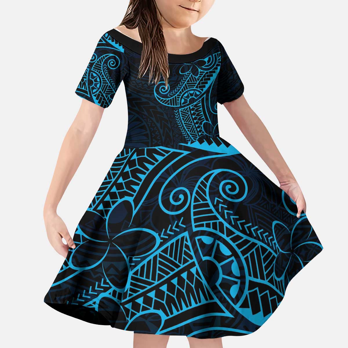 Black Blue Polynesian Tribal Kid Short Sleeve Dress - Polynesian Pride