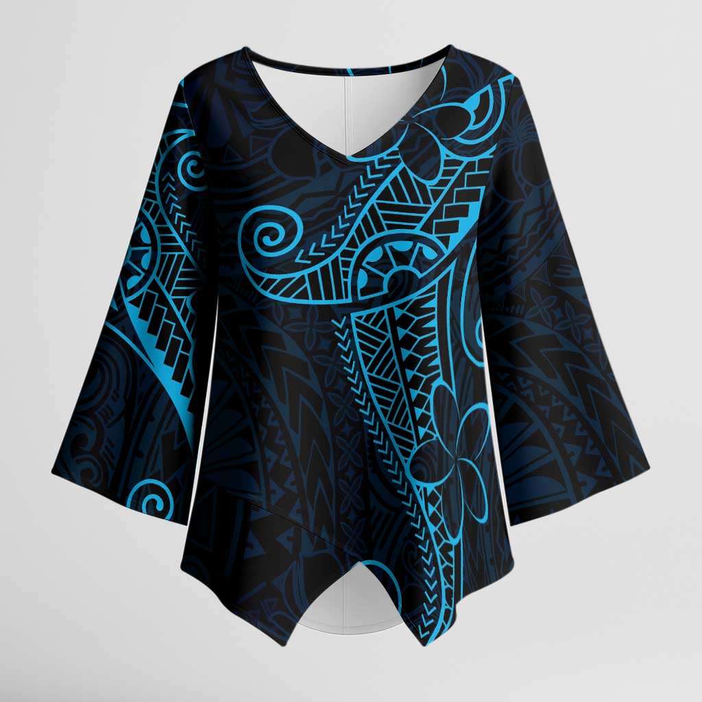 Black Blue Polynesian Tribal Kimono Sleeve Blouse - LT9 Female Blue - Polynesian Pride