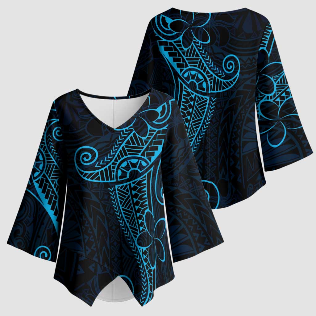 Black Blue Polynesian Tribal Kimono Sleeve Blouse - LT9 - Polynesian Pride
