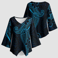 Black Blue Polynesian Tribal Kimono Sleeve Blouse - LT9 - Polynesian Pride