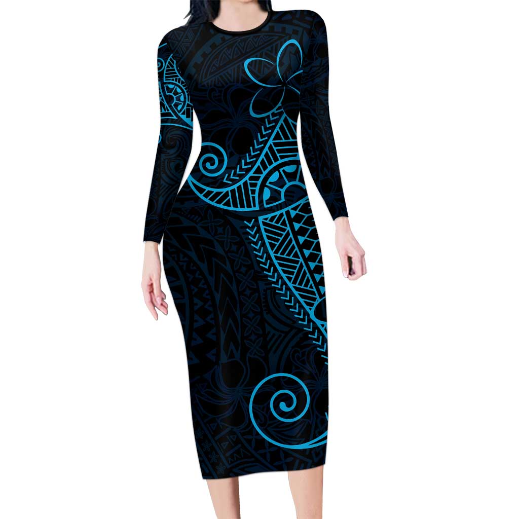 Black Blue Polynesian Tribal Long Sleeve Bodycon Dress LT9 Long Dress Blue - Polynesian Pride