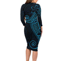 Black Blue Polynesian Tribal Long Sleeve Bodycon Dress LT9 - Polynesian Pride