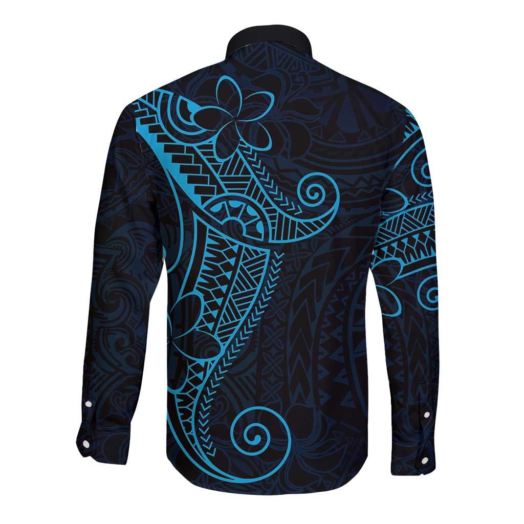 Black Blue Polynesian Tribal Long Sleeve Button Shirt LT9 - Polynesian Pride