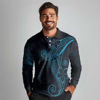 Black Blue Polynesian Tribal Long Sleeve Polo Shirt LT9 - Polynesian Pride