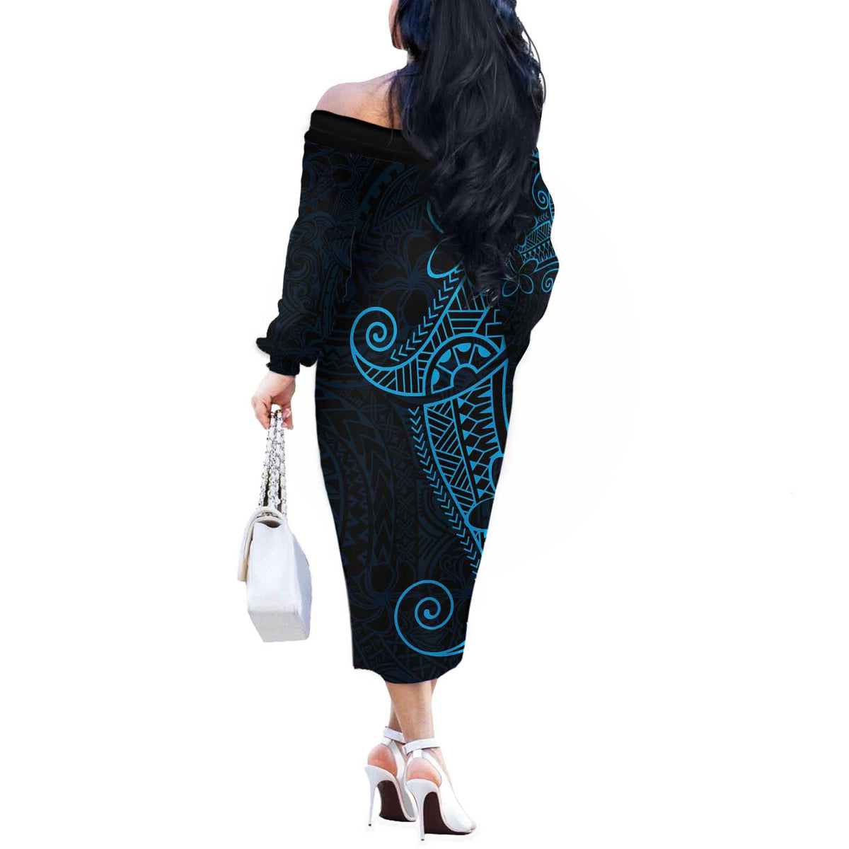 Black Blue Polynesian Tribal Off The Shoulder Long Sleeve Dress - Polynesian Pride