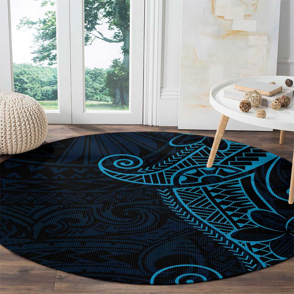 Black Blue Polynesian Tribal Round Carpet - Polynesian Pride