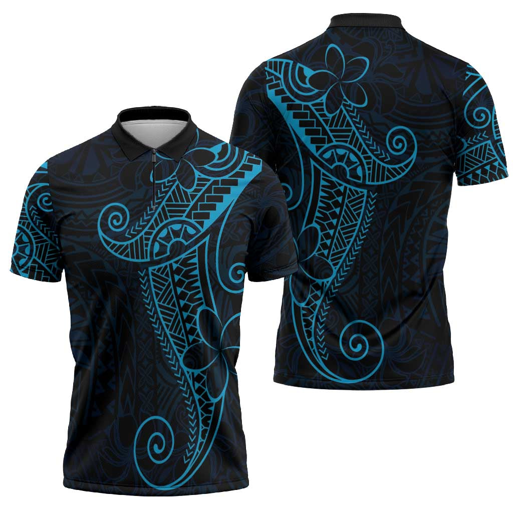 Black Blue Polynesian Tribal Zipper Polo Shirt LT9 - Polynesian Pride