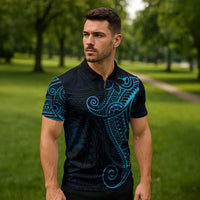 Black Blue Polynesian Tribal Zipper Polo Shirt LT9 - Polynesian Pride