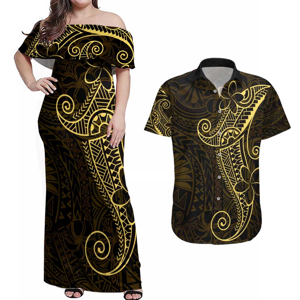 Black Gold Polynesian Tribal Couples Matching Off Shoulder Maxi Dress and Hawaiian Shirt LT9 Gold - Polynesian Pride