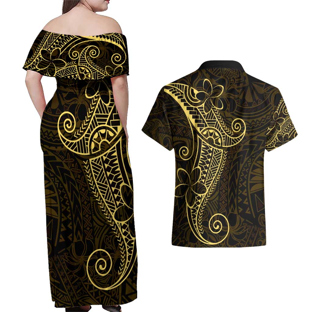 Black Gold Polynesian Tribal Couples Matching Off Shoulder Maxi Dress and Hawaiian Shirt LT9 - Polynesian Pride