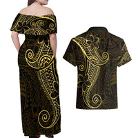Black Gold Polynesian Tribal Couples Matching Off Shoulder Maxi Dress and Hawaiian Shirt LT9 - Polynesian Pride