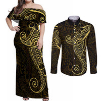 Black Gold Polynesian Tribal Couples Matching Off Shoulder Maxi Dress and Long Sleeve Button Shirt LT9 Gold - Polynesian Pride