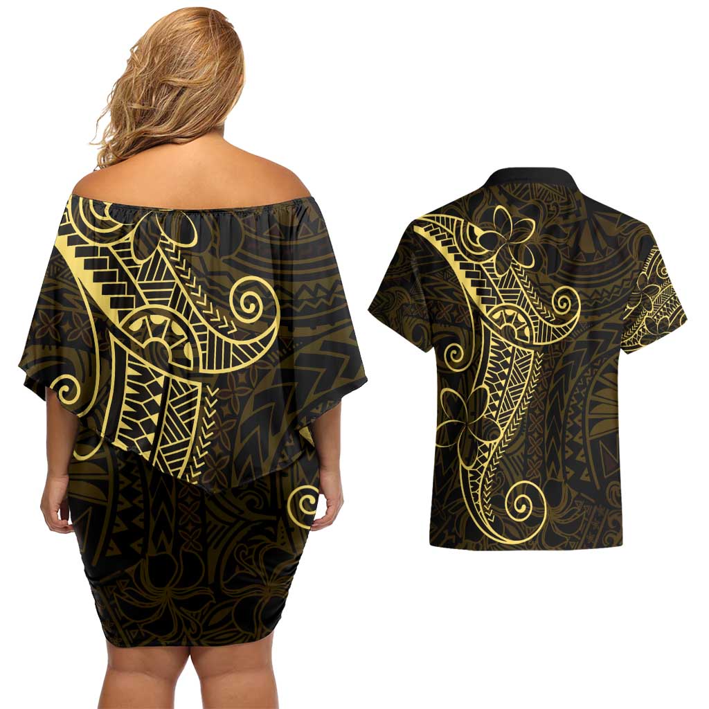 Black Gold Polynesian Tribal Couples Matching Off Shoulder Short Dress and Hawaiian Shirt LT9 - Polynesian Pride