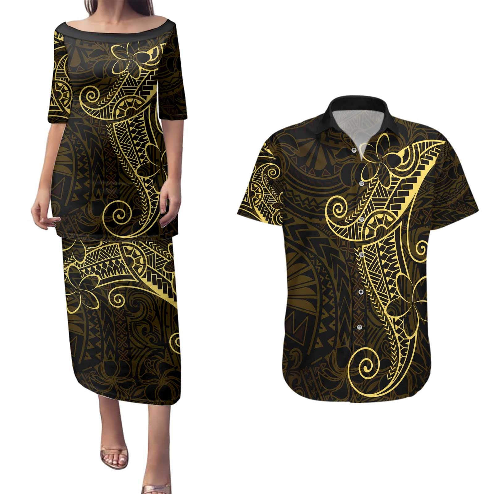 Black Gold Polynesian Tribal Couples Matching Puletasi and Hawaiian Shirt LT9 Gold - Polynesian Pride