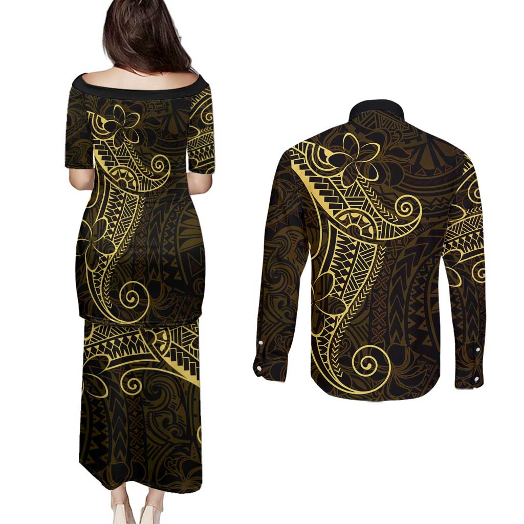 Black Gold Polynesian Tribal Couples Matching Puletasi and Long Sleeve Button Shirt LT9 - Polynesian Pride