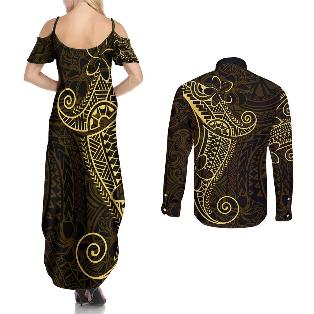 Black Gold Polynesian Tribal Couples Matching Summer Maxi Dress and Long Sleeve Button Shirt LT9 - Polynesian Pride