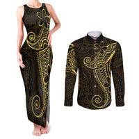 Black Gold Polynesian Tribal Couples Matching Tank Maxi Dress and Long Sleeve Button Shirt - Polynesian Pride
