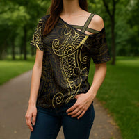 Black Gold Polynesian Tribal Cross Shoulder Shirt LT9 - Polynesian Pride
