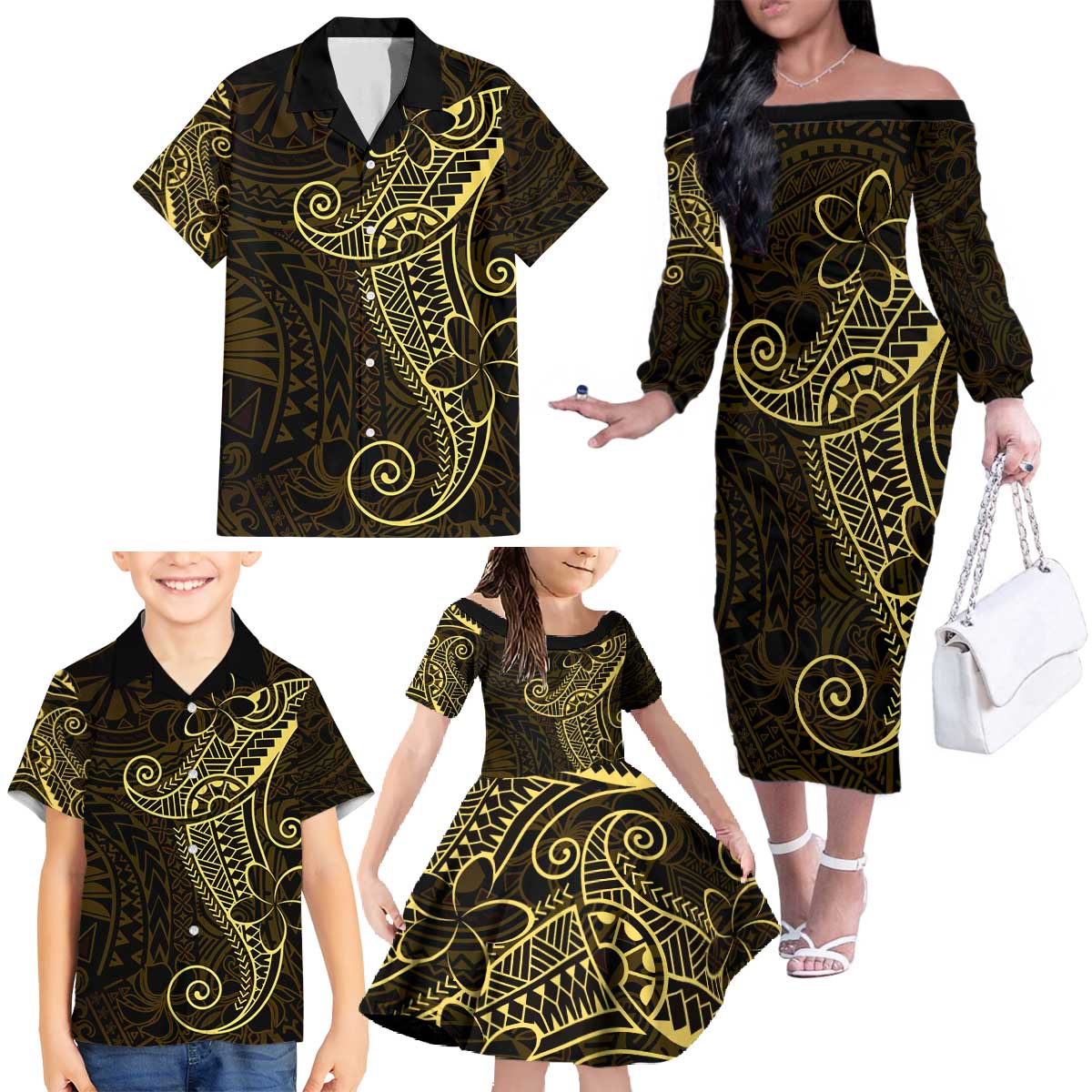 Black Gold Polynesian Tribal Family Matching Off The Shoulder Long Sleeve Dress and Hawaiian Shirt LT9 - Polynesian Pride